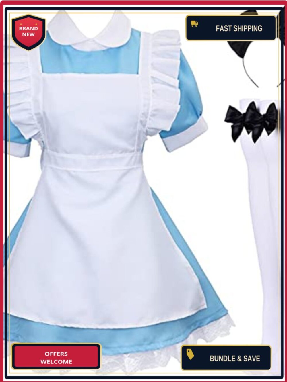 French Maid Costume Set 4 Piece Polyester Dress Apron Headband Cosplay Party